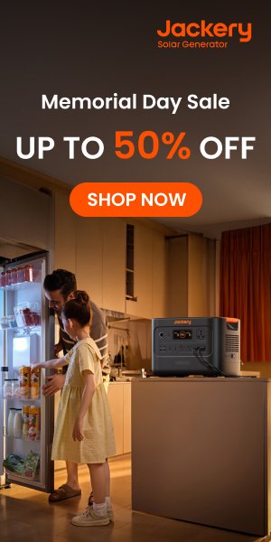 Jackery promotional visual showing a family in a kitchen with a portable power station